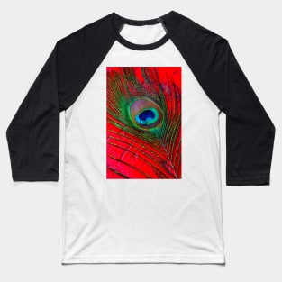 Dew Drop On Peacock Feather On red Table Baseball T-Shirt